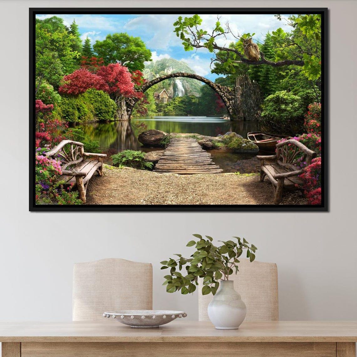 Stone Bridge Serene Landscape Wall Art Nature Scene Lakeside Decor Peaceful View Garden Decor Multicolor By Nichecanvas