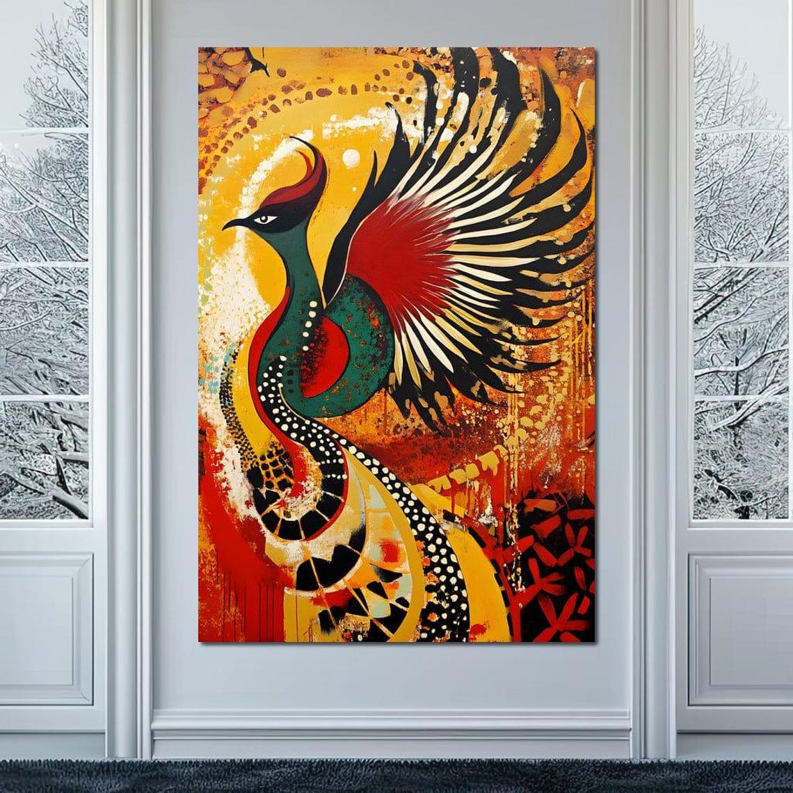 Vibrant Red And Green Phoenix Rising Through Golden Flames Art Print - Image 4