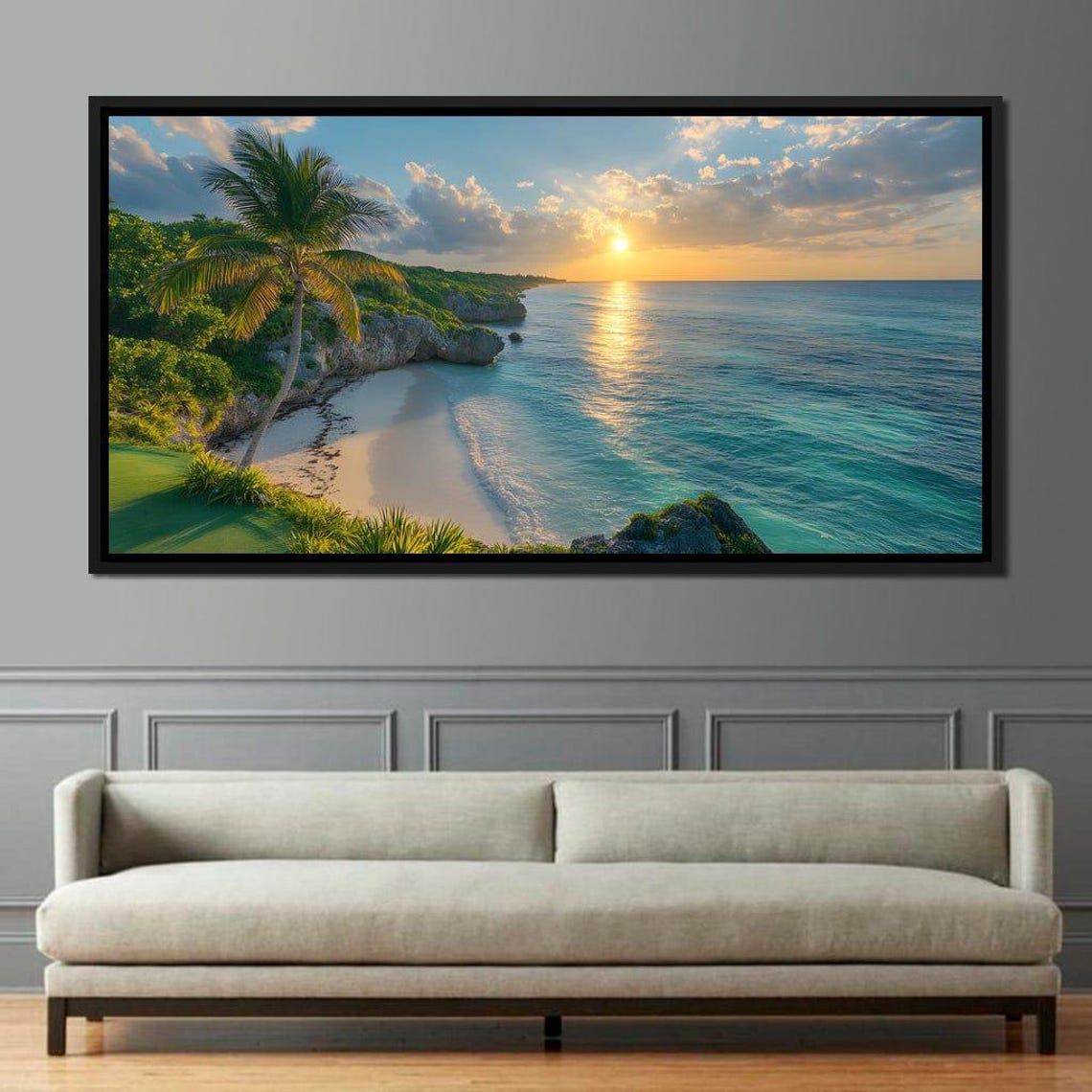 Tropical Beach Sunset With A Palm Tree And Rocky Cliffs Poster - Image 2