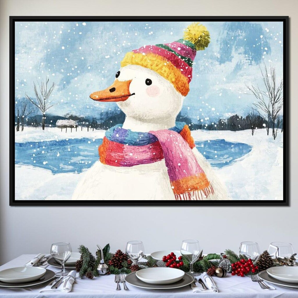 Cozy White Duck In Rainbow Knit Hat And Scarf In Snowy Winter Poster - Image 2