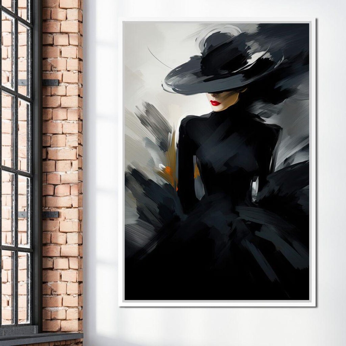 Black White Fashion Woman Wide Brim Hat Red Lips Minimalist Poster - Image 4