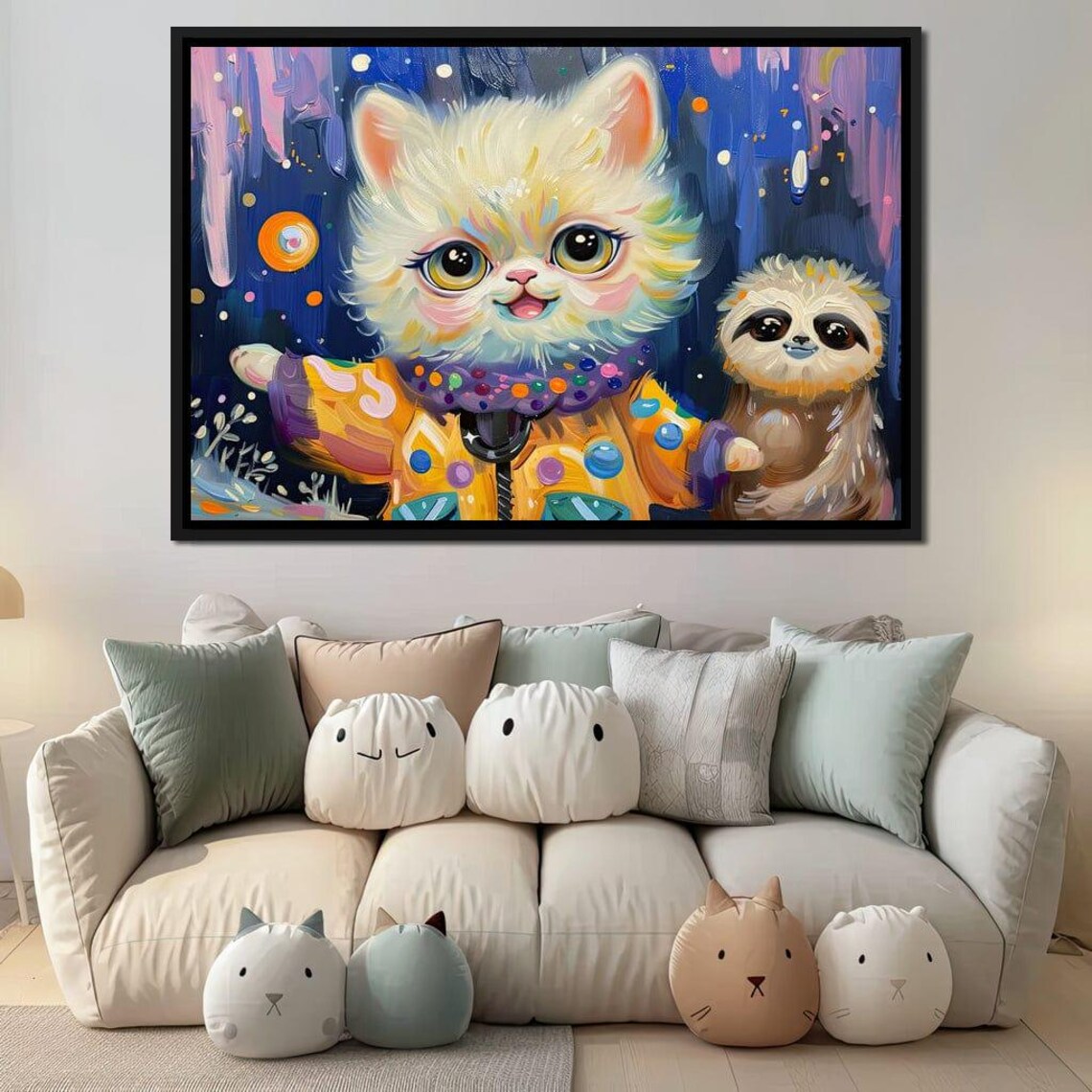 Cute White Kitten And Baby Sloth Starry Night Kids Room Art Poster - Image 3