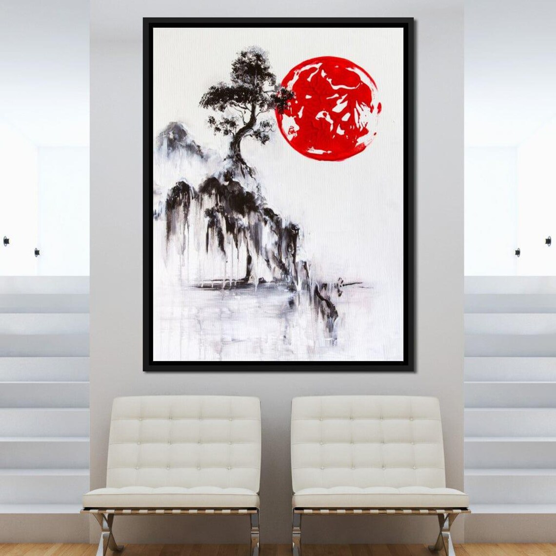 Japanese Pine Tree Black Ink Red Sun Minimalist Zen Style Wall Art - Image 2