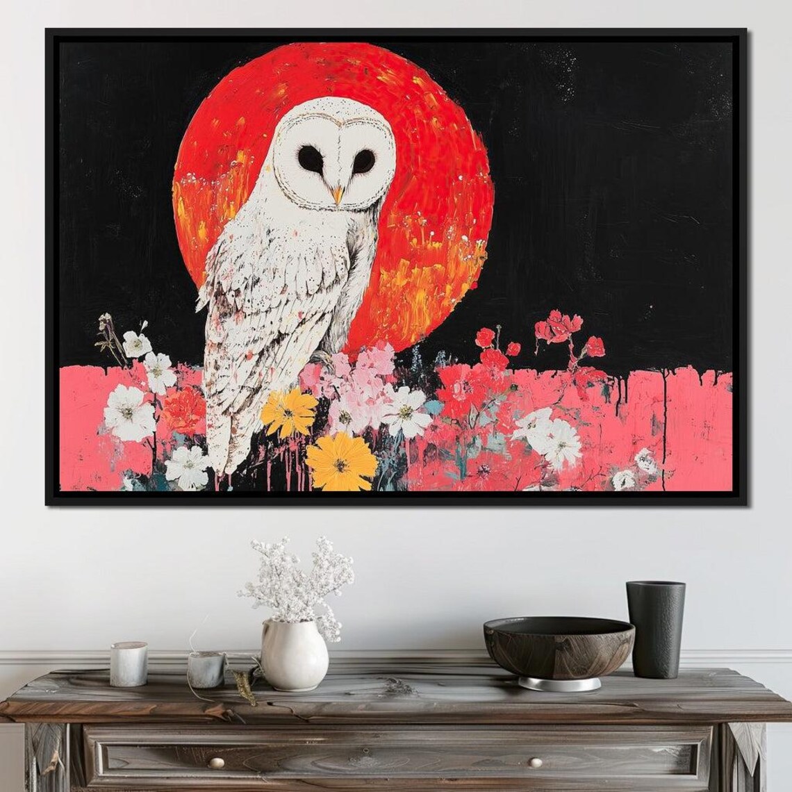 White Barn Owl Red Sun Moon Floral Meadow Night Wildlife Art Print - Image 2