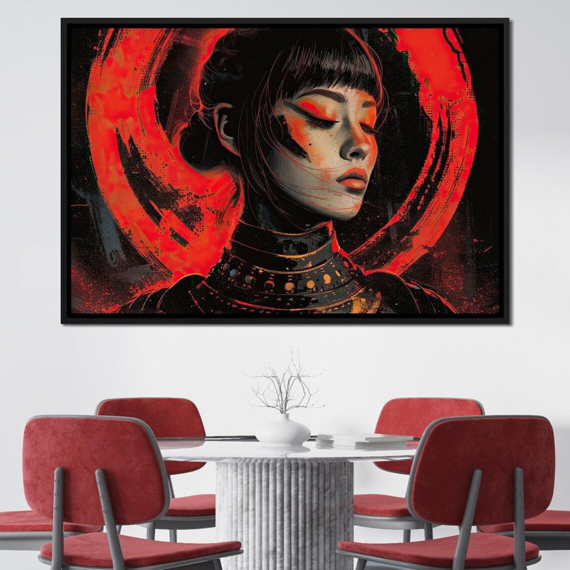 Japanese Geisha Red Moon Warrior Woman Fantasy Portrait Art Print - Image 3