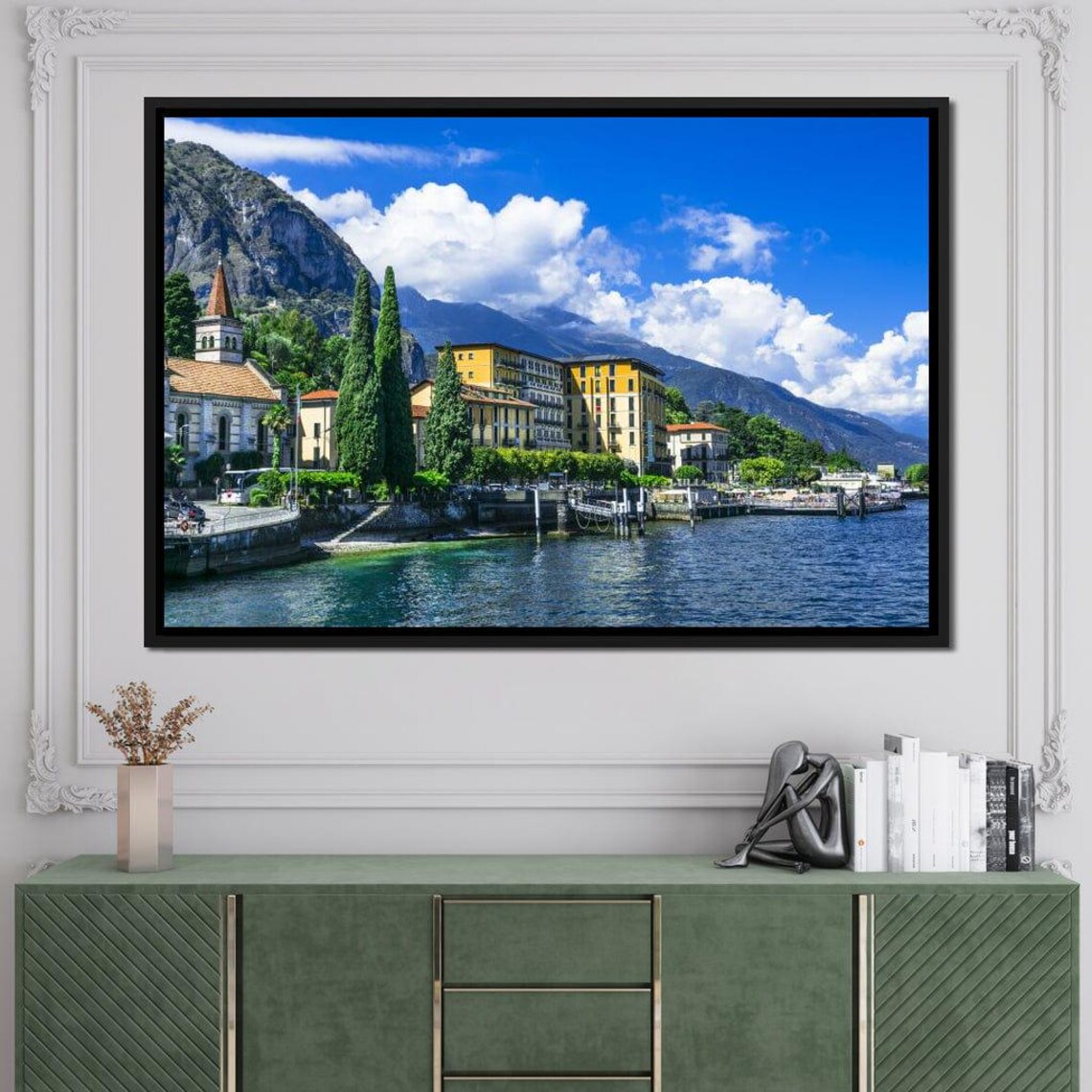 Lake Como Italy Waterfront Church Alpine Peaks Lakeside Travel Poster