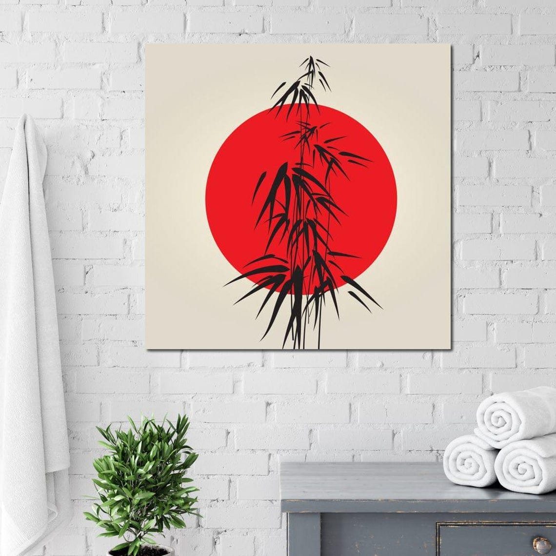 Japanese Red Sun Black Bamboo Silhouette Minimalist Zen Wall Art Print - Image 3