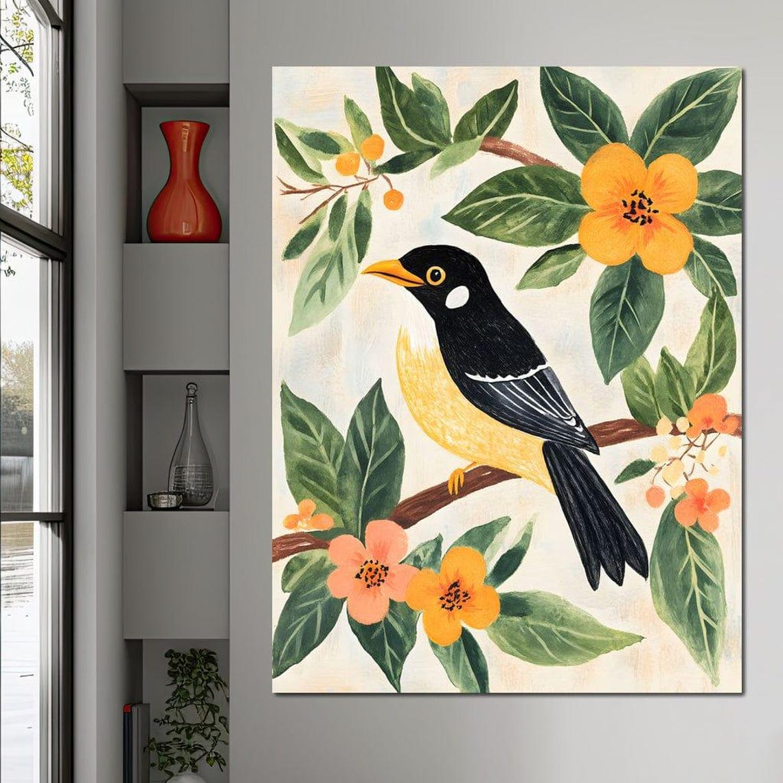 Tropical Yellow Black Bird Flowering Branch Framed Bird Wall Art - Image 2