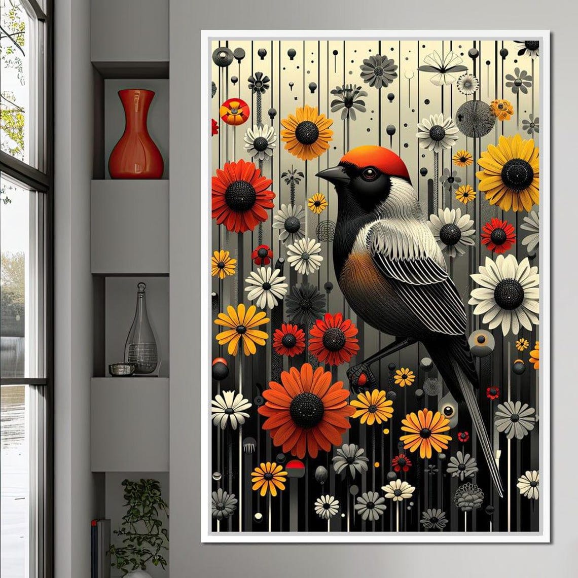 Songbird Among Daisies Modern Floral Bird Art Print Botanical Decor - Image 3