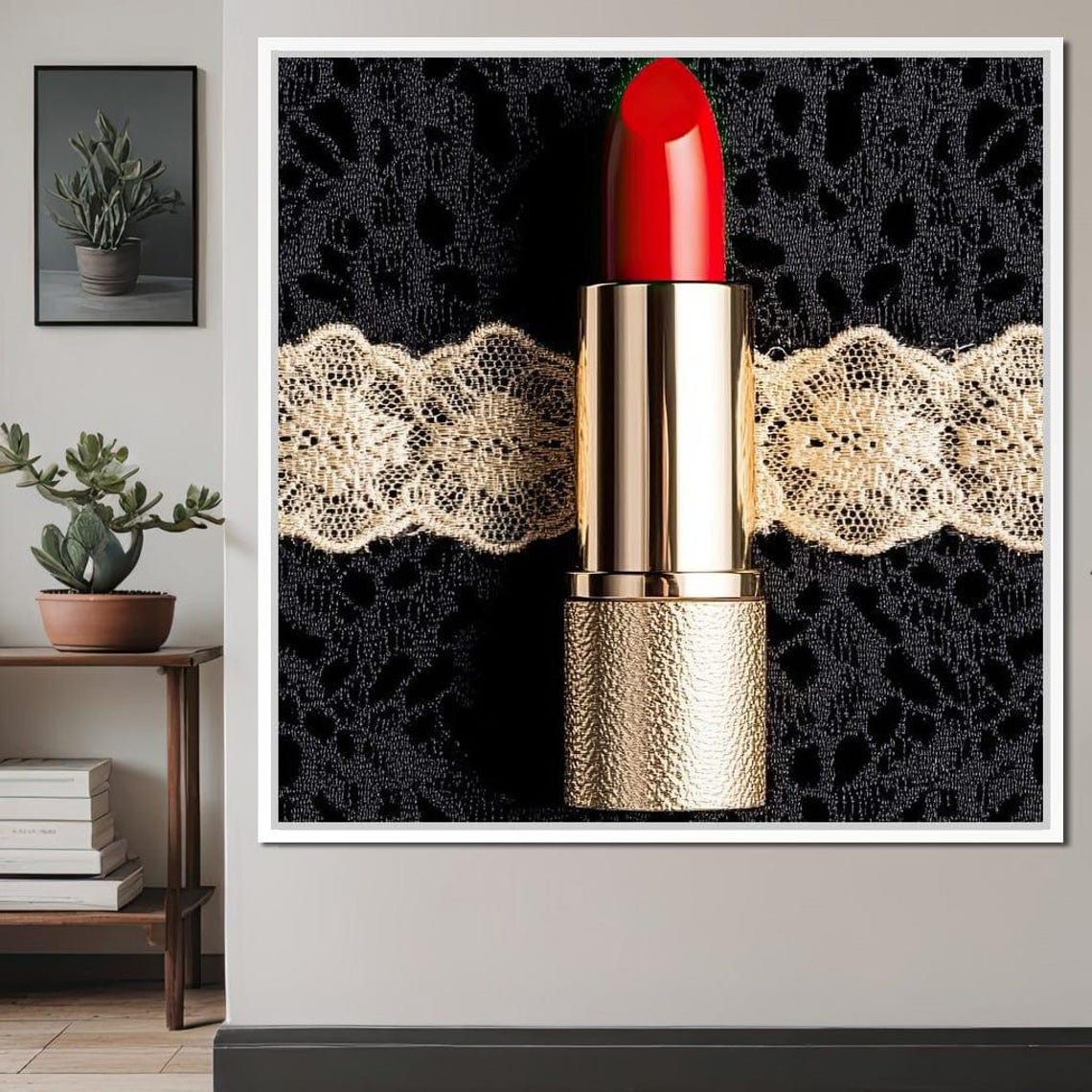 Red Lipstick Gold Case Black Lace Glamour Beauty Vanity Art Poster - Image 2