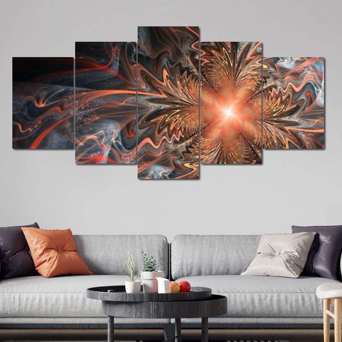 Orange Fractal Flower Five Panel Abstract Blazing Fire Wall Art Poster