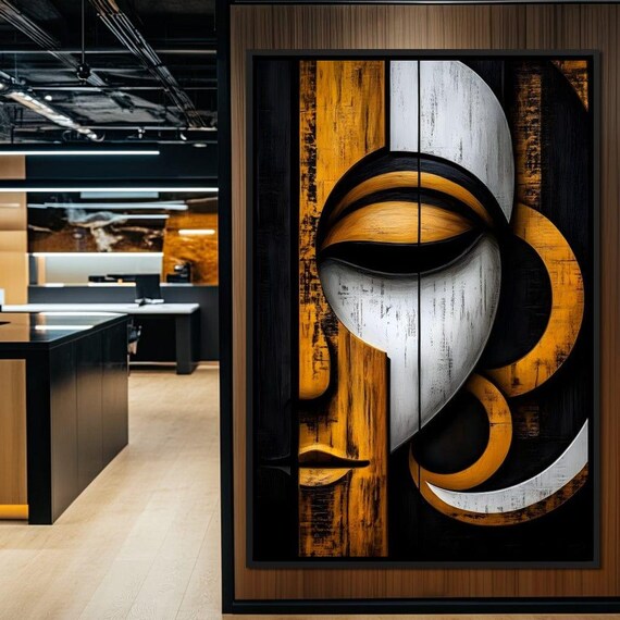 Abstract Gold Geometric Face Mask Tribal Modern Sculptural Art Poster