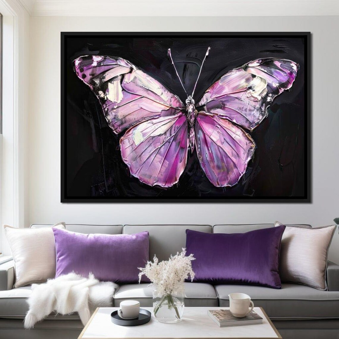 Pink Violet Butterfly Wings Black Background Textured Modern Wall Art - Image 4