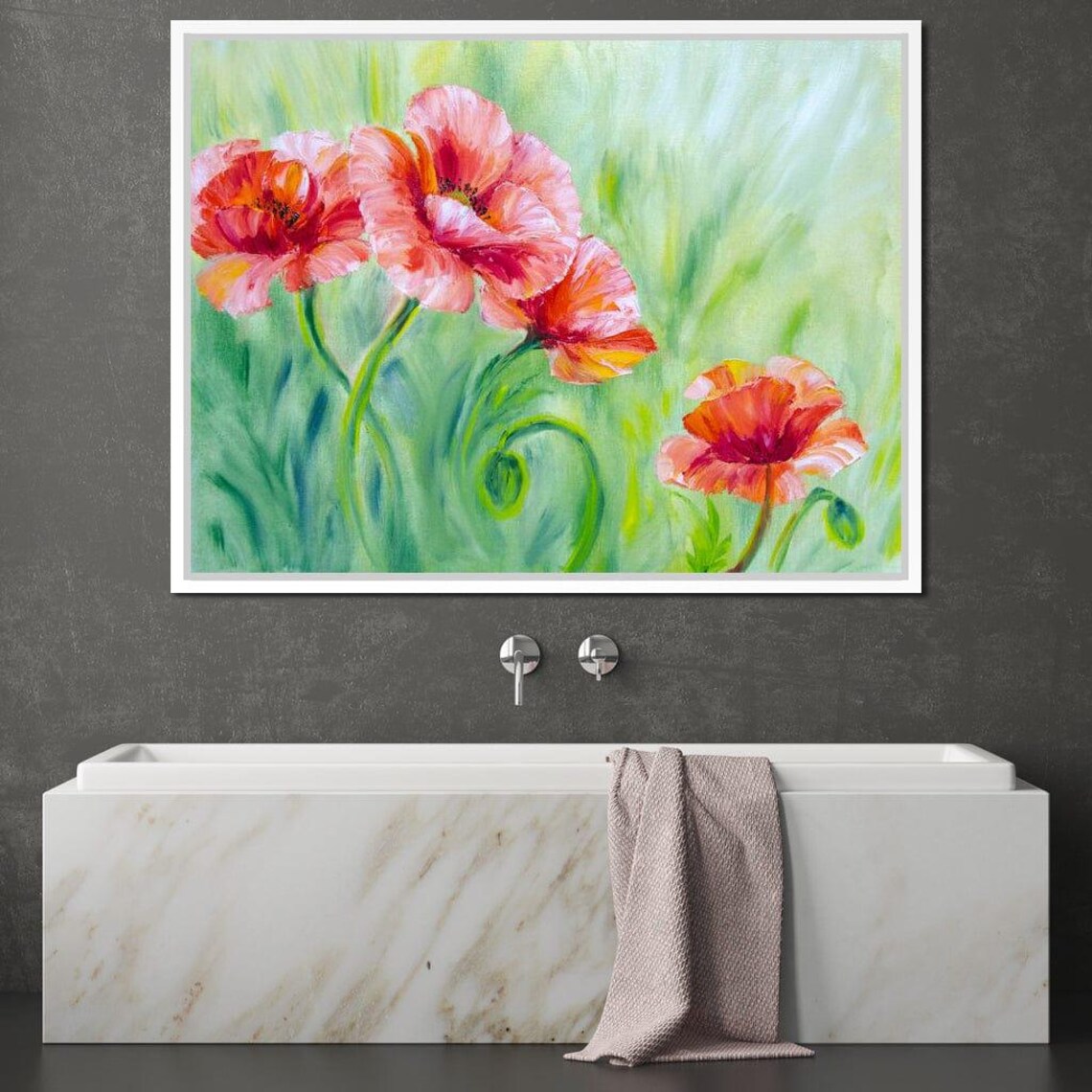 Red Poppies In Green Meadow Oil Painting Botanical Wall Art Print