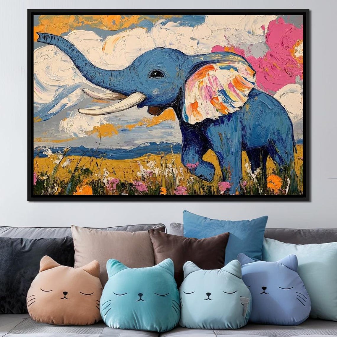 Dancing Blue Elephant Flower Field Colorful Clouds Impasto Art Poster
