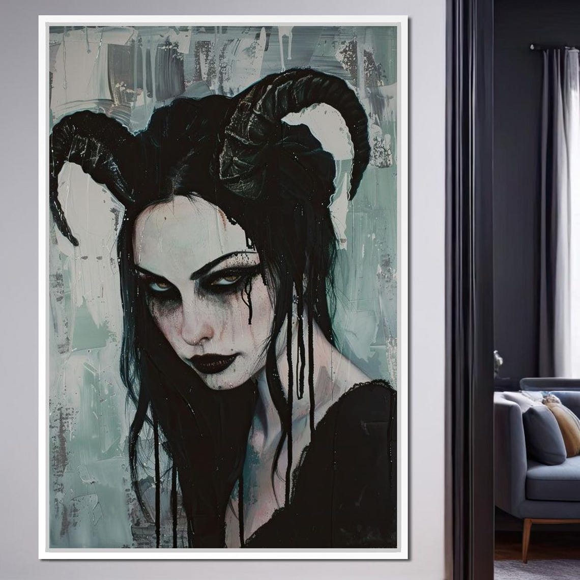 Gothic Horned Demon Woman Dark Fantasy Portrait Horror Wall Art - Image 3