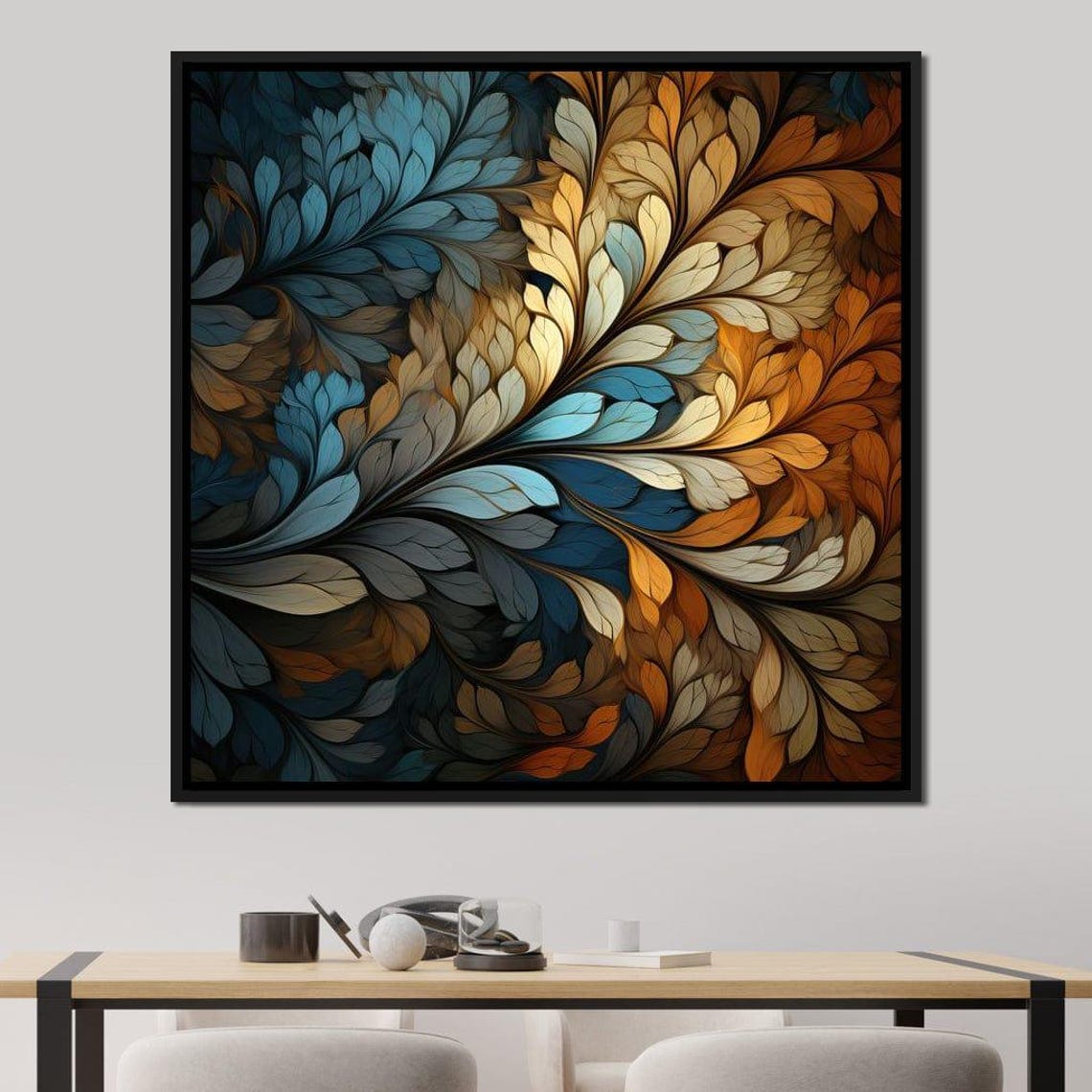 Swirling Teal Amber Leaf Mosaic Abstract Botanical Wall Art Poster - Image 2