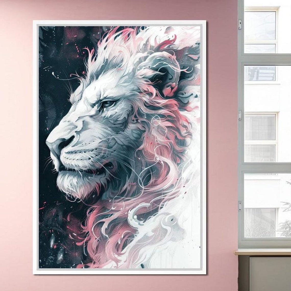 Ethereal White Lion Flowing Pink Mane Dark Fantasy Animal Art Poster