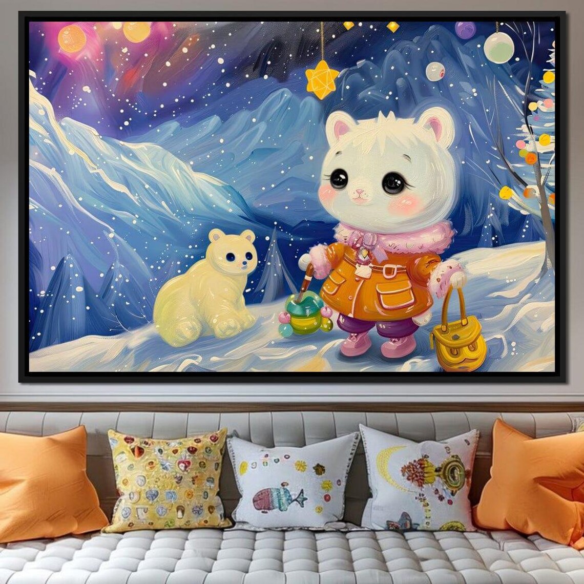 Cute Polar Bear Cub With Lantern Snowy Starry Night Kids Art Poster