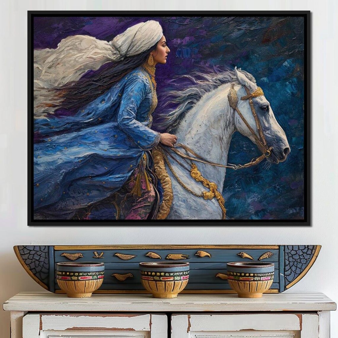 Sapphire Rider Woman In Blue On White Horse Majestic Equestrian Poster