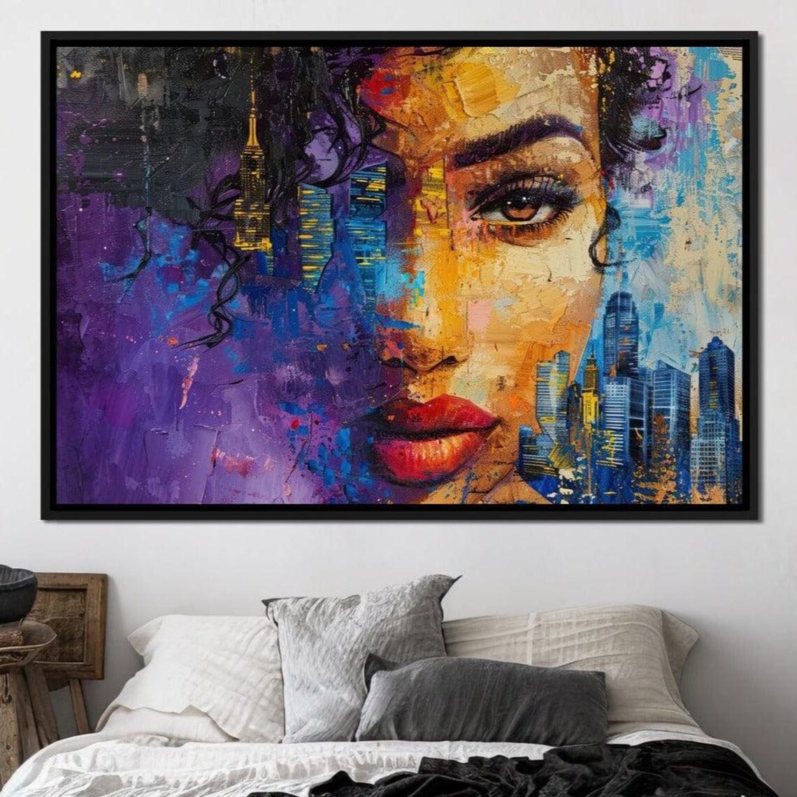 Golden Dawn City Skyline Woman Face Skyscraper Wall Art Poster
