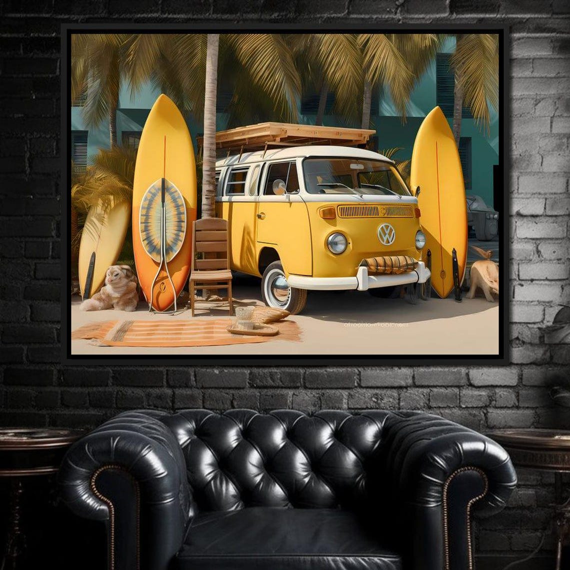 Surfside Yellow A Summer Scene Yellow Van Art Beach Decor Coastal Home Surfboard Art Home Decor By Nichecanvas - Image 2
