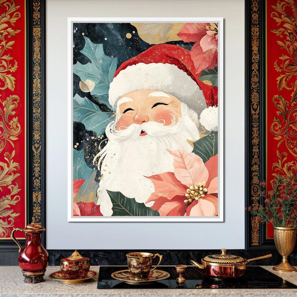 Joyful Santa Claus With Poinsettias And Holly Festive Xmas Poster - Image 3