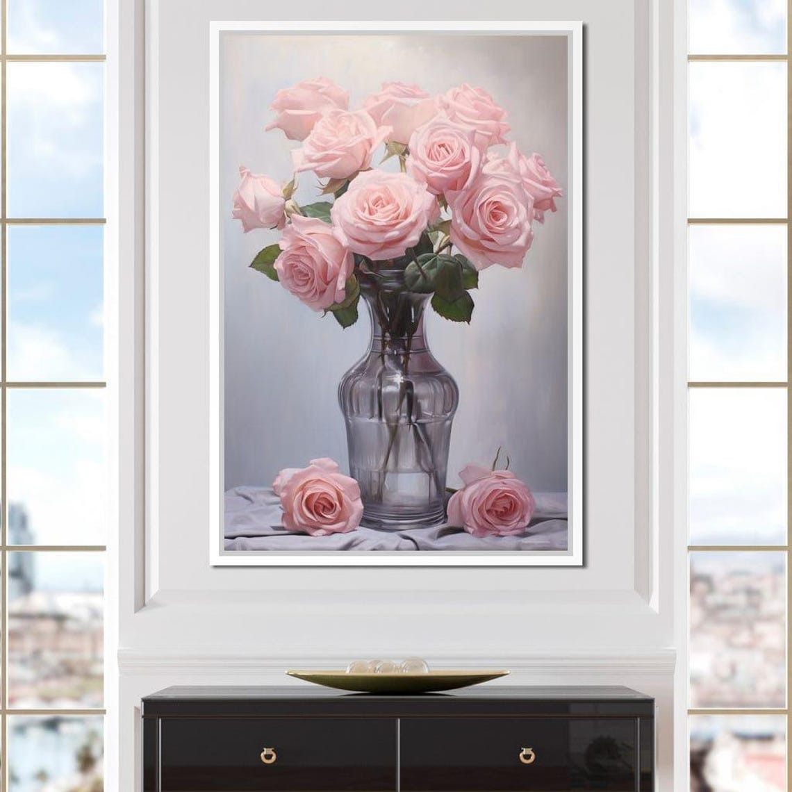 Pink Roses Glass Vase Romantic Floral Still Life Elegant Wall Art - Image 4
