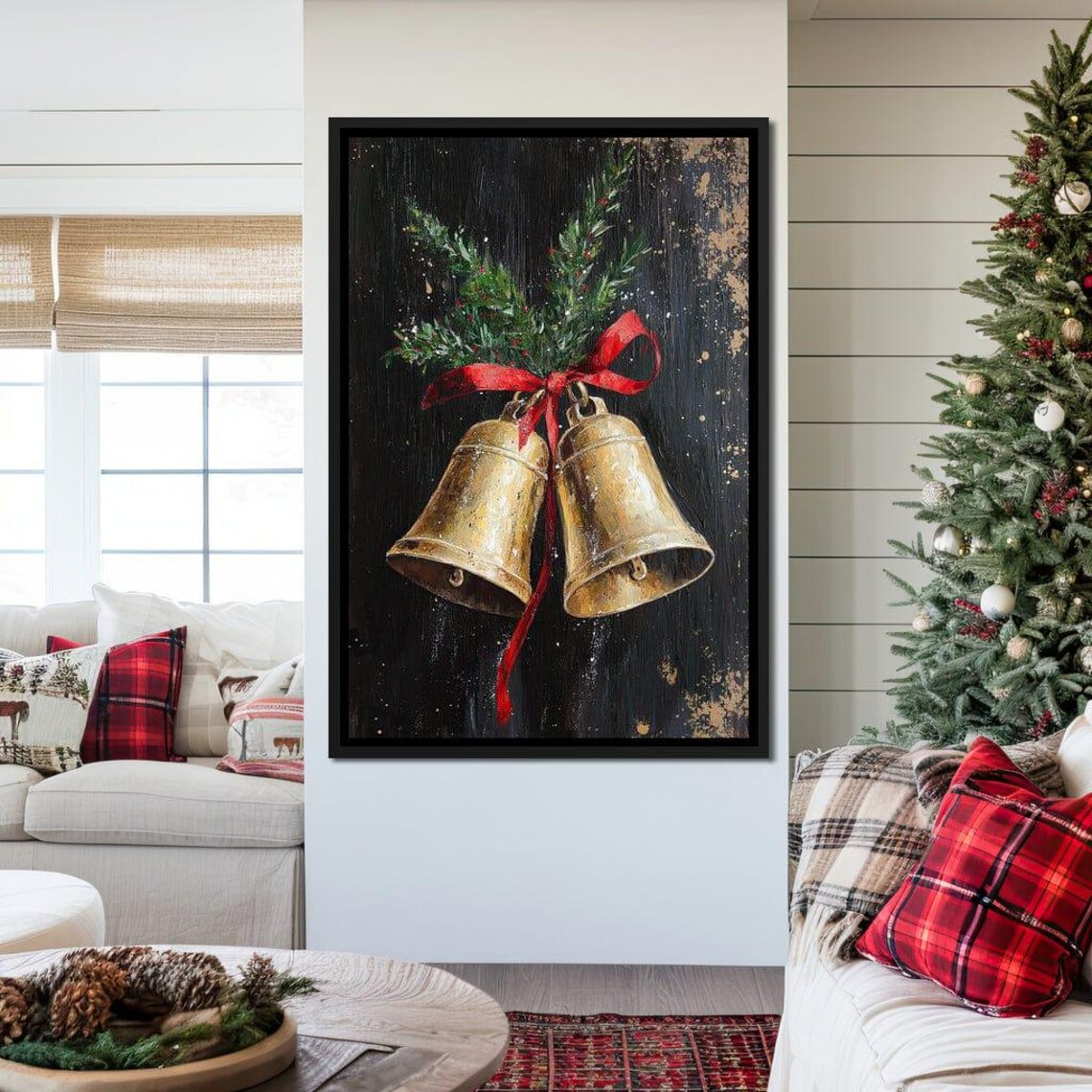 Golden Christmas Bells With Red Ribbon Pine Black Holiday Poster - Image 3