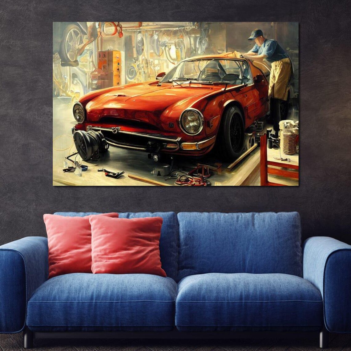 Vintage Red Sports Car Garage Mechanic Retro Auto Workshop Poster - Image 4
