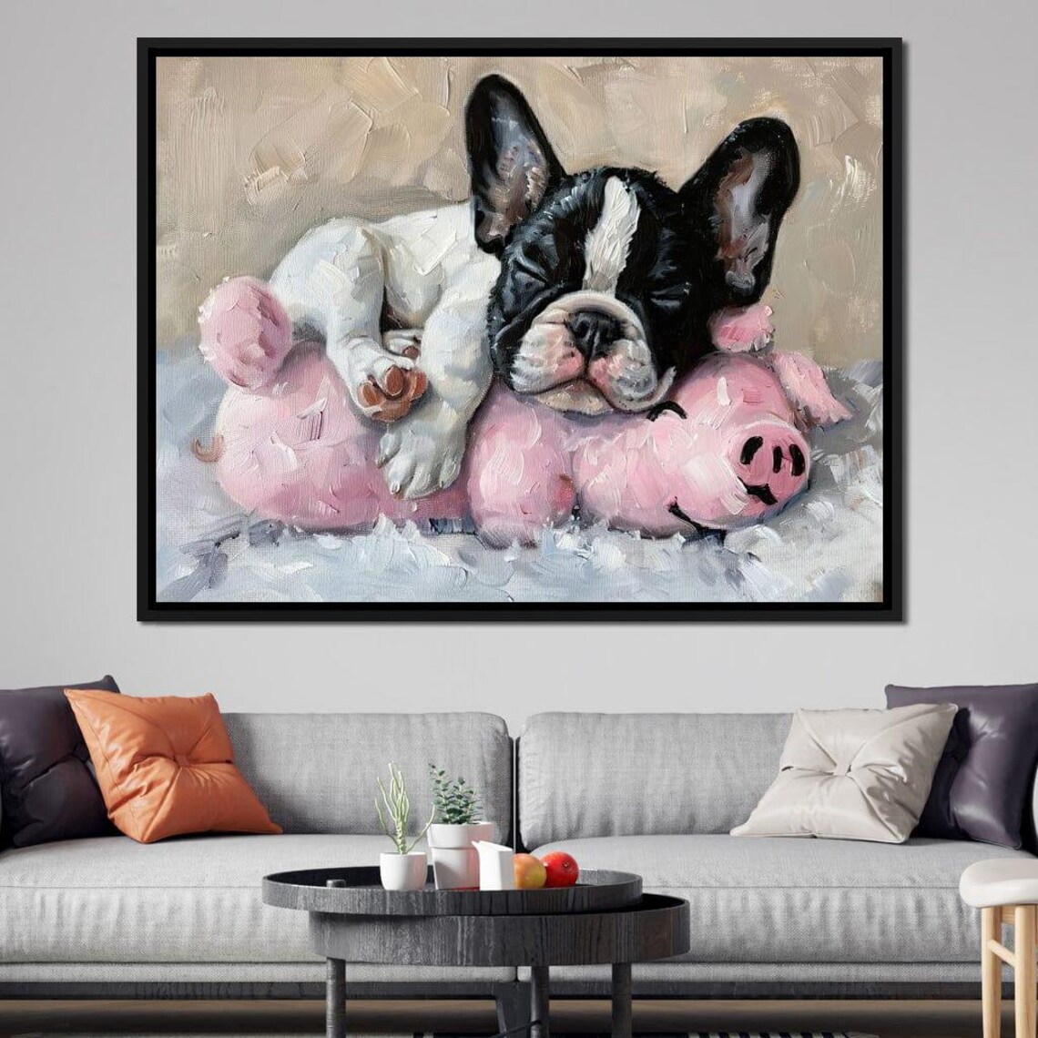 Sleeping Bulldog Puppy Cuddling Pink Plush Pig Cute Pet Nursery Poster - Image 3