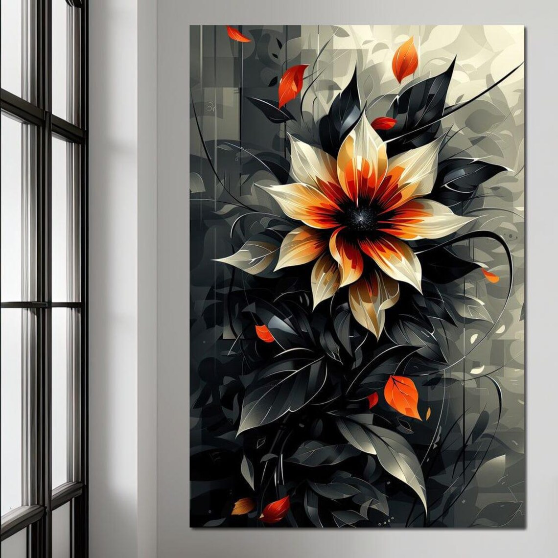 Fiery Blossom Silhouette Cream Orange Flower Dark Botanical Wall Art - Image 2
