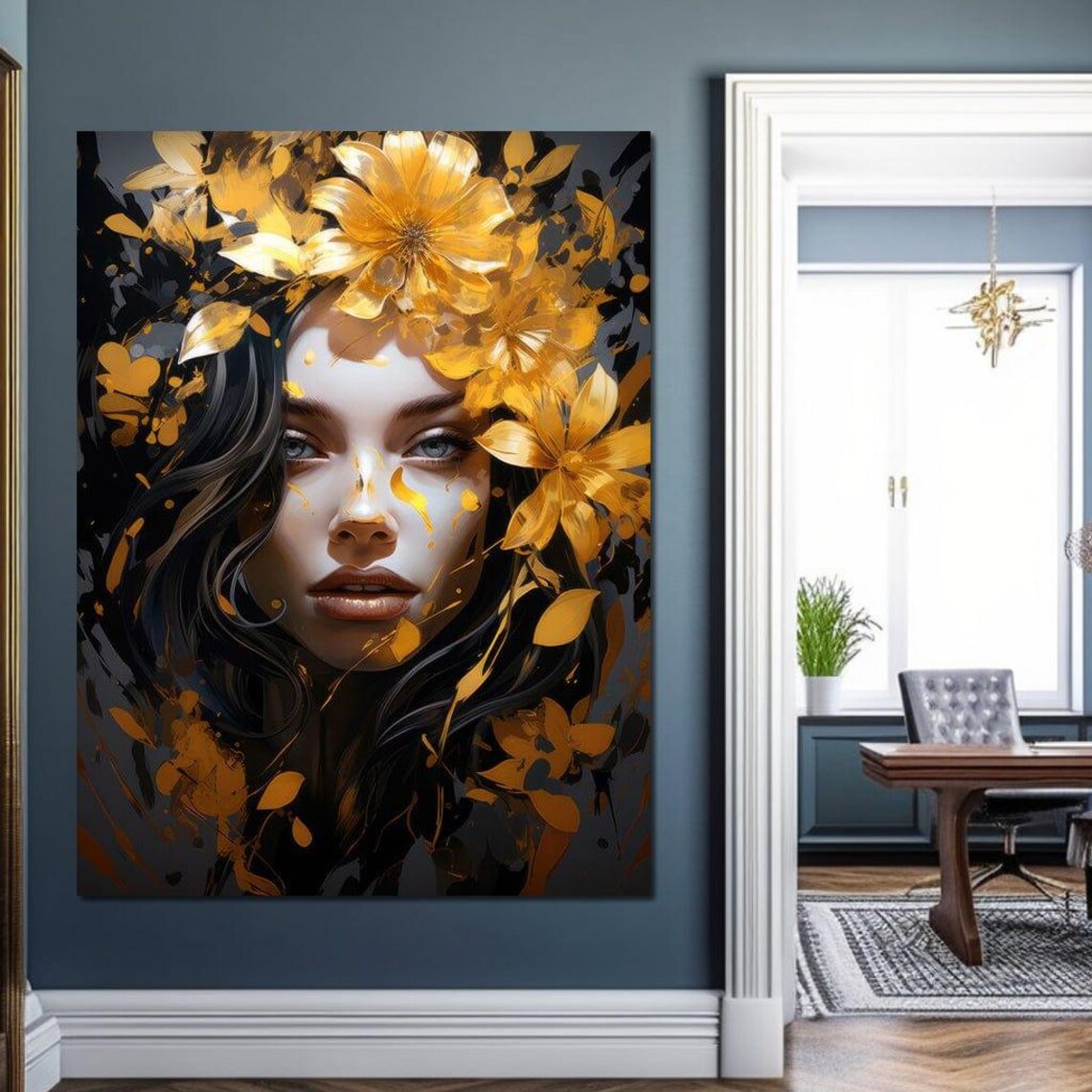 Golden Blossoms Woman Portrait Dark Dramatic Floral Wall Art Print - Image 3
