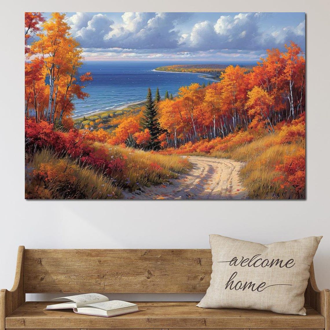 Autumn Birch Forest Lake View Five Panel Fall Foliage Travel Poster - Image 3