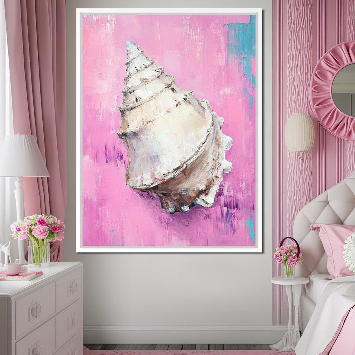 White Conch Seashell Pink Background Coastal Beach Wall Art Print - Image 3