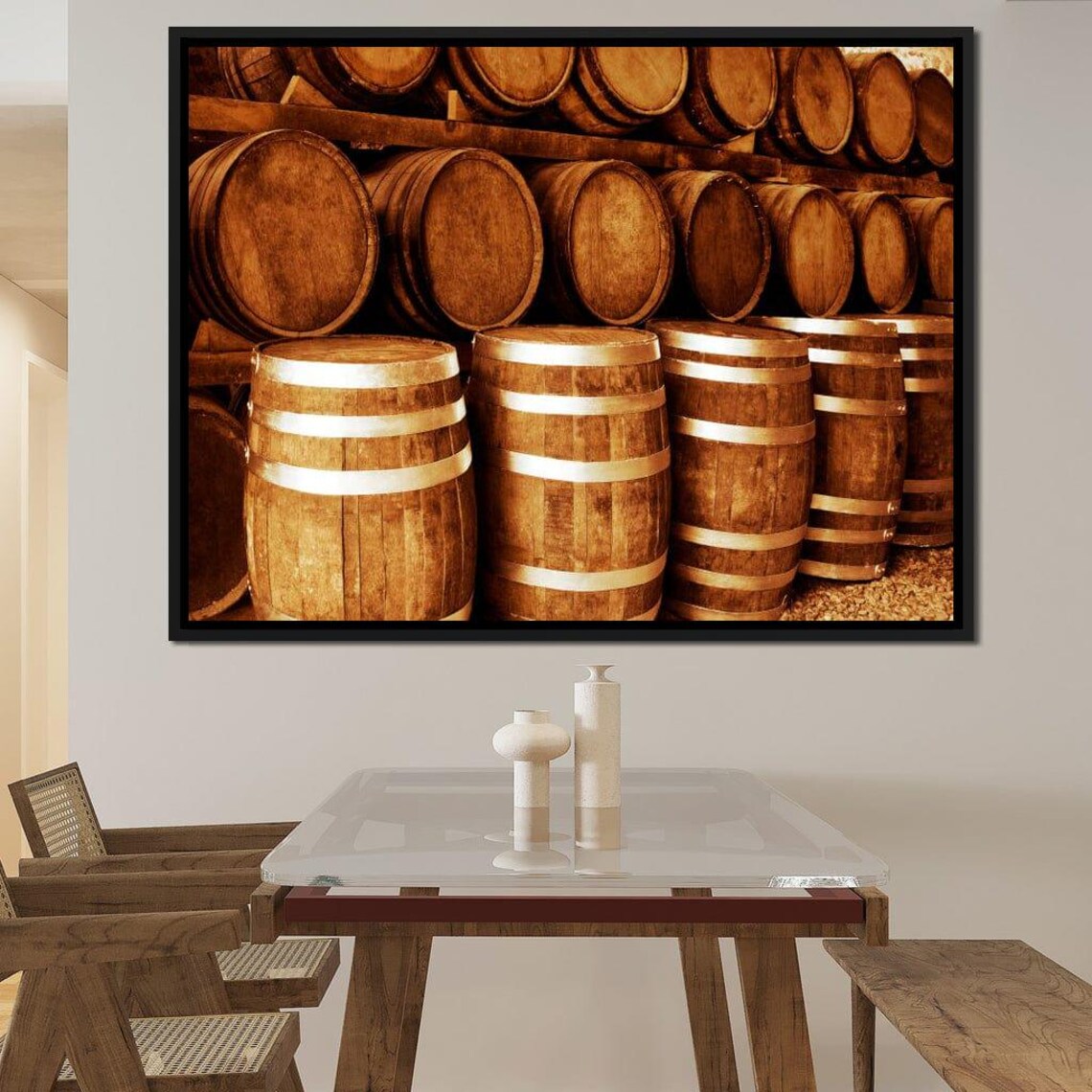 Oak Whiskey Barrels Rustic Distillery Stacked Wooden Barrels Home Bar Poster