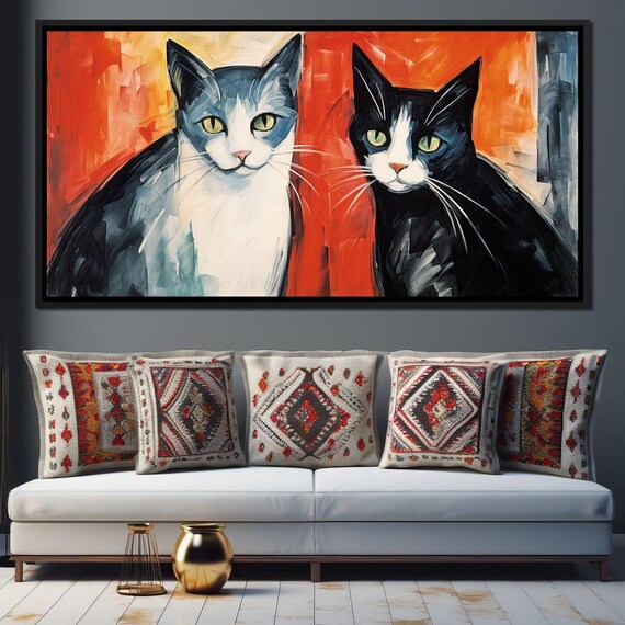 Two Tuxedo Cats Bold Orange Red Background Modern Feline Art Poster
