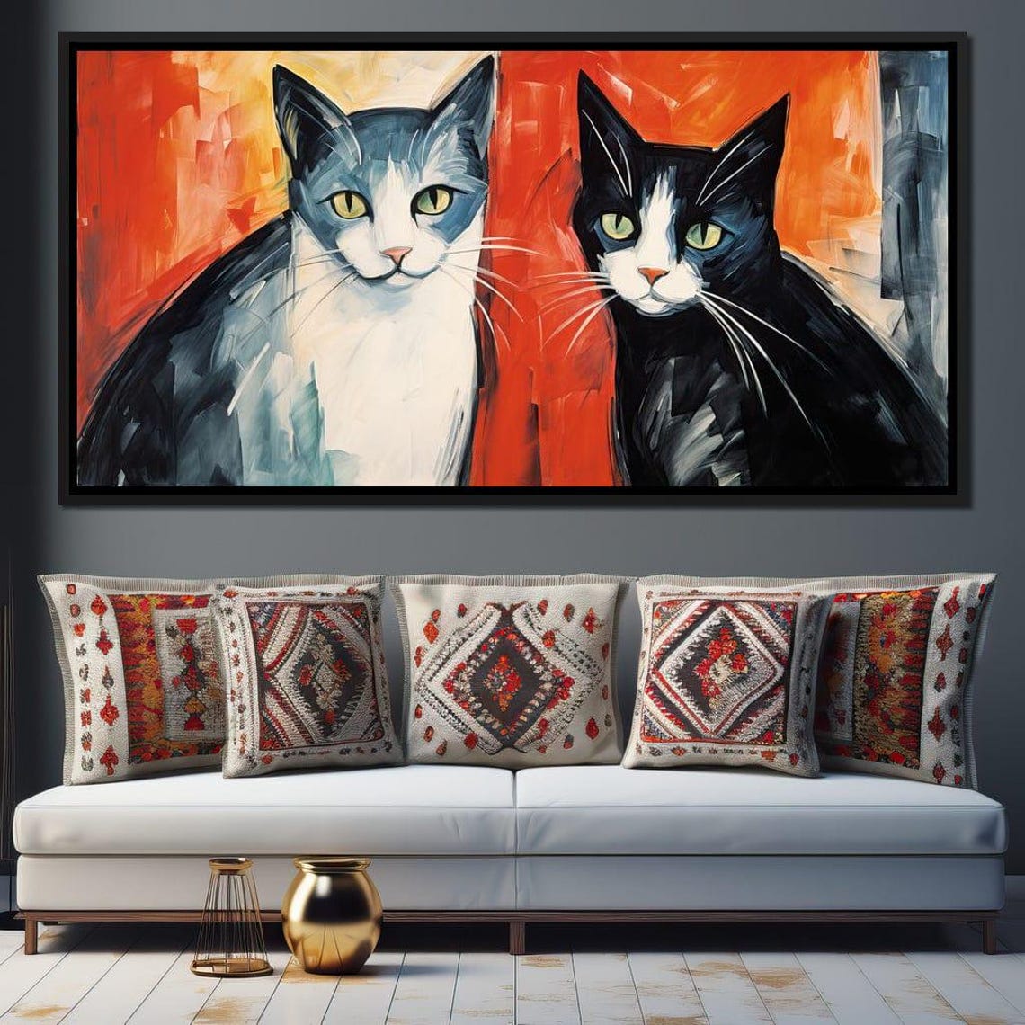 Two Tuxedo Cats Bold Orange Red Background Modern Feline Art Poster
