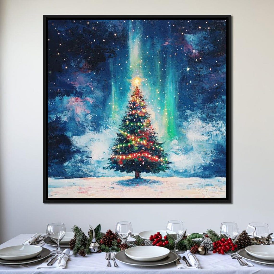 Lit Christmas Tree Under The Northern Lights Night Sky Poster - Image 2
