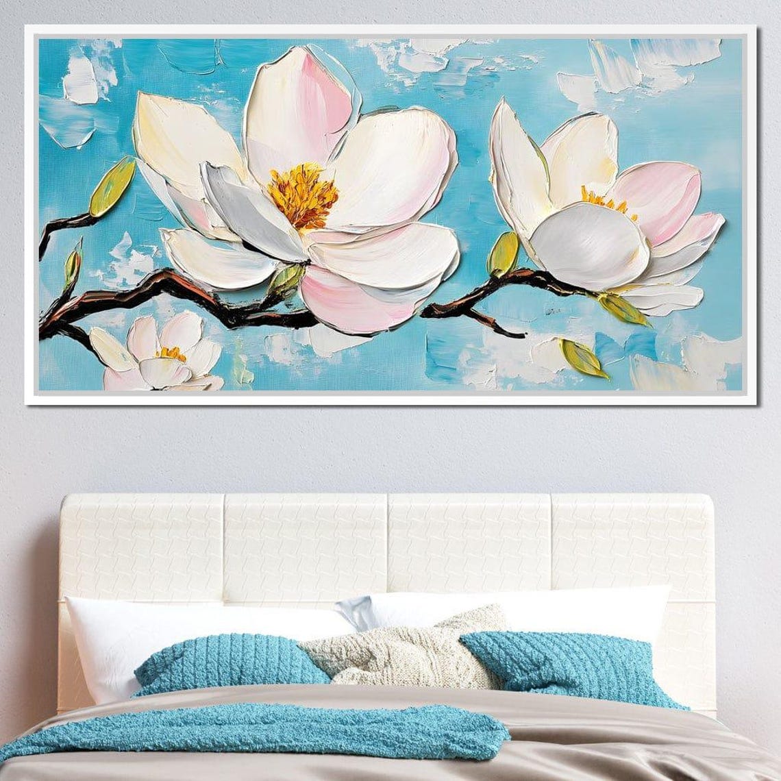 White Magnolia Blossoms On A Bright Turquoise Blue Canvas Poster