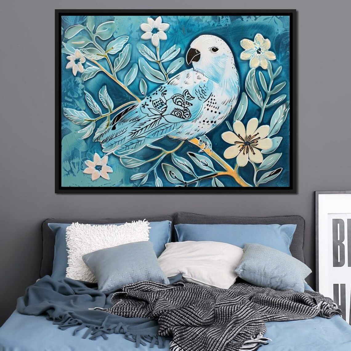 Blue Parrot On Blossom Branch Teal Botanical Bird Wall Art Print - Image 2