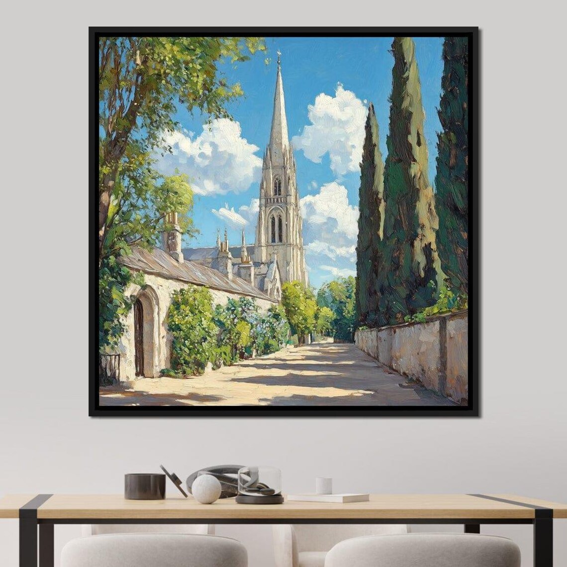 Sunlit Church Steeple Village Path Cypress Trees European Art Poster - Image 4