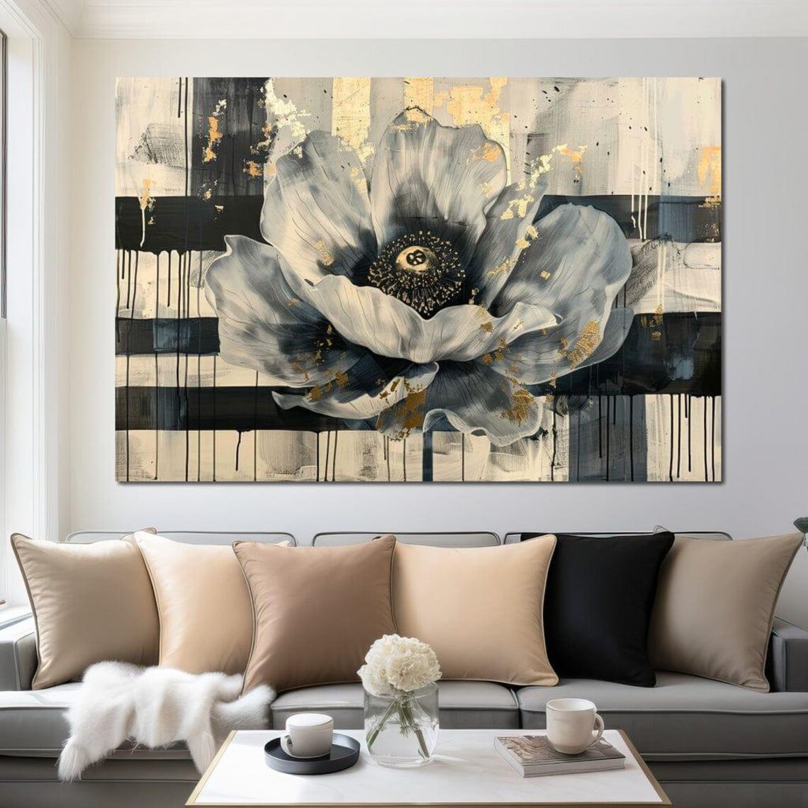 Abstract Black White and Gold Flower Acrylic Painting Wall Art - Image 4