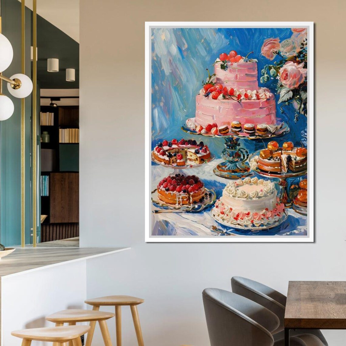 Pink Berry Cakes Dessert Still Life Painting Blue Kitchen Wall Art - Image 3