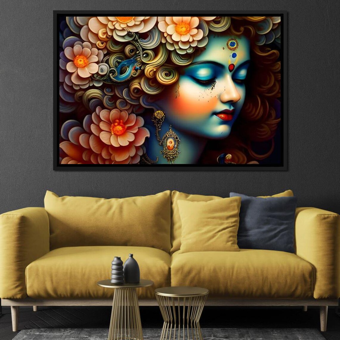 Hindu Goddess Profile Five Panel Blue Floral Spiritual Wall Art Print - Image 2