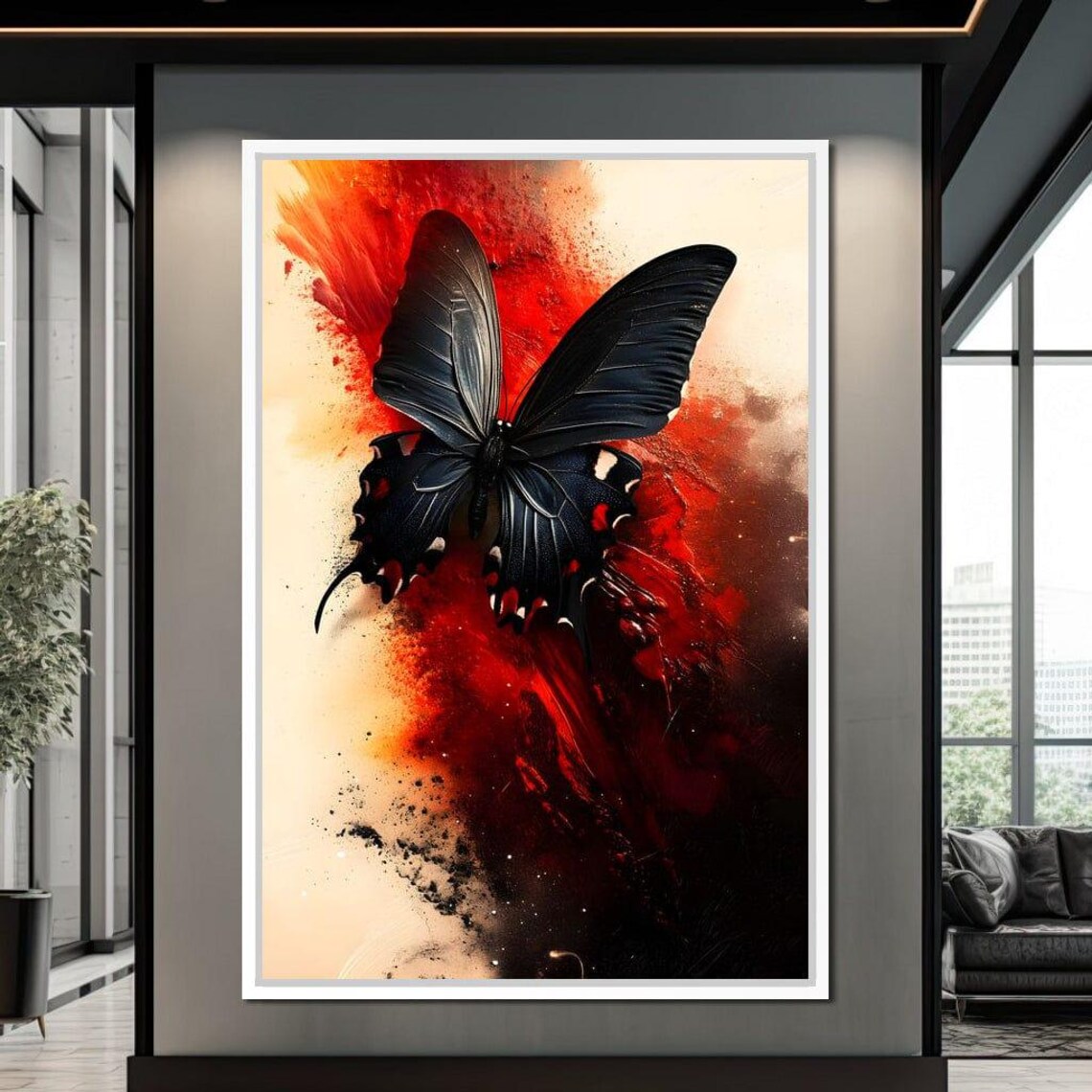 Black Butterfly Red Paint Splash Fiery Abstract Background Art Poster - Image 3