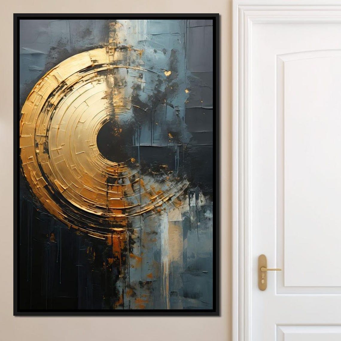 Gold Crescent Eclipse Abstract Art Dark Teal Textured Ring Wall Poster - Image 3