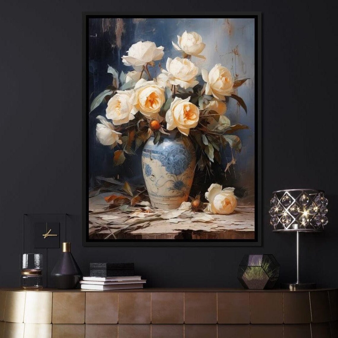 Cream White Roses Blue Vase Moody Classic Still Life Floral Poster