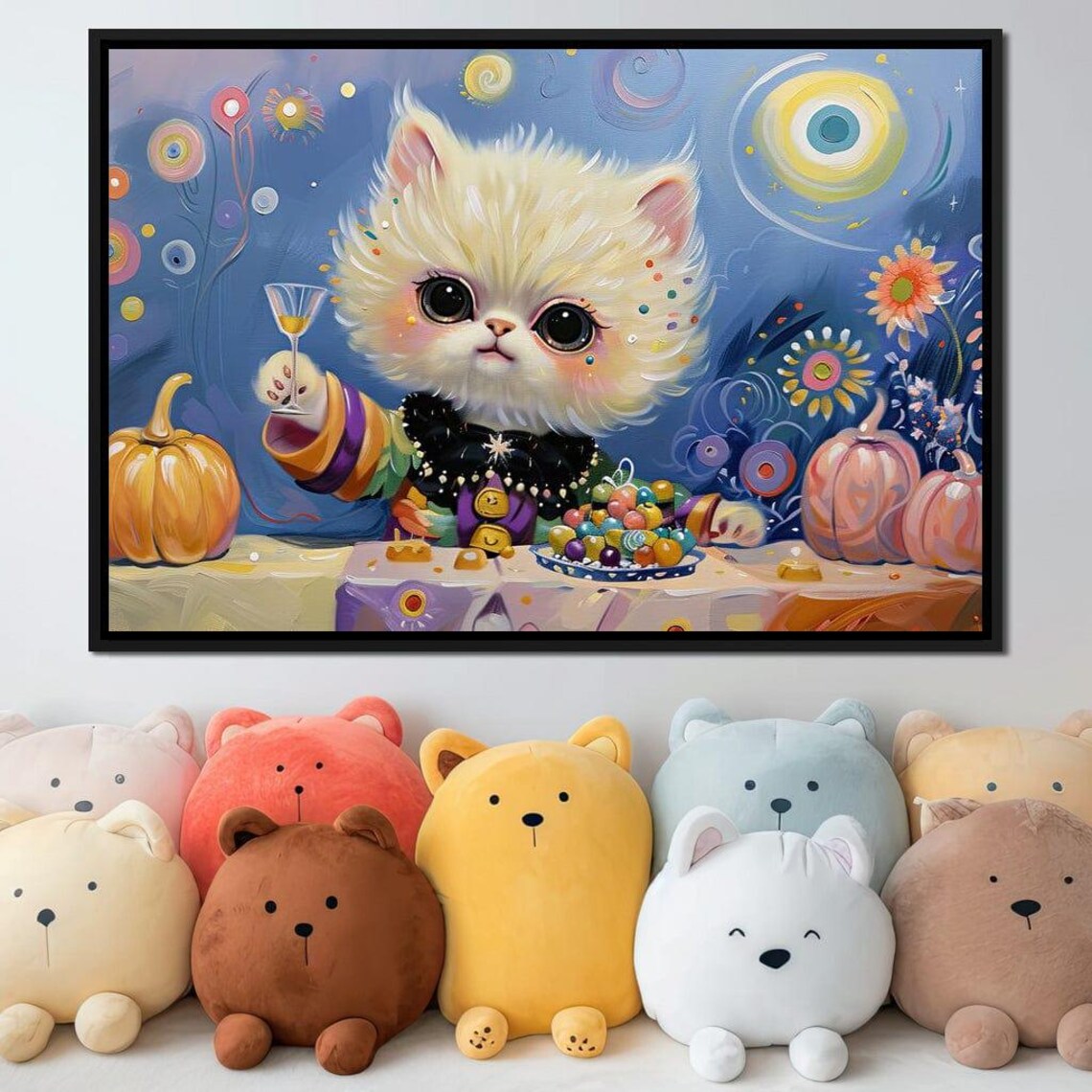 Festive White Kitten Pumpkin Party Colorful Whimsical Kids Wall Art Poster - Image 3