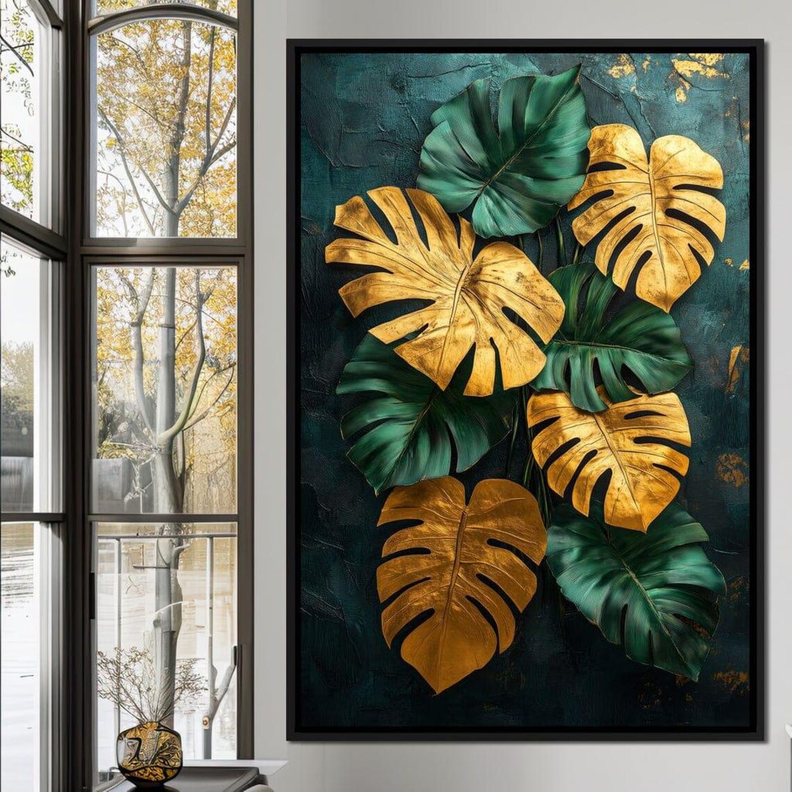 Golden Green Monstera Leaves Dark Botanical Elegant Modern Poster - Image 4